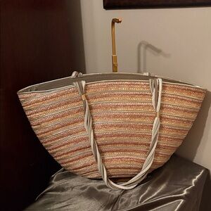 Striped Tan Gold silver and Cream wovenTote Bag